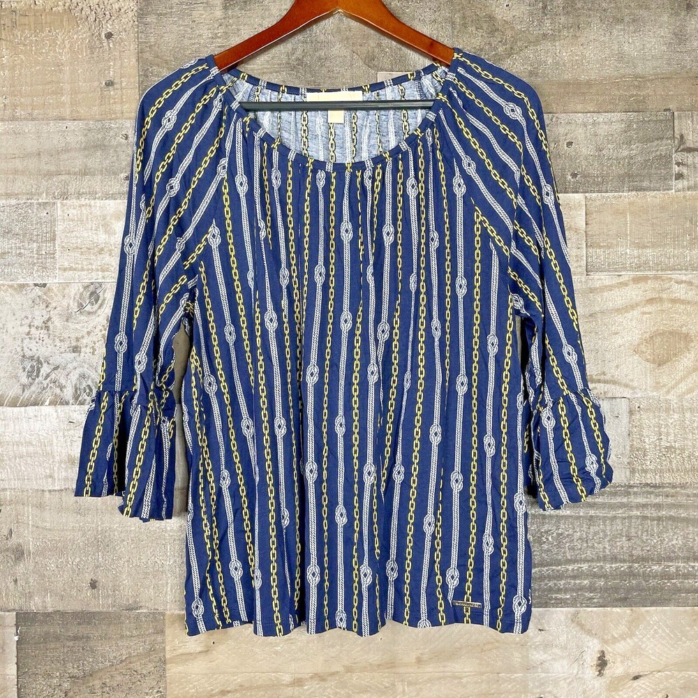 New MICHAEL KORS Women's Basic Top Size L‎ Navy Blue Vertical Chains 3/4 Sleeve